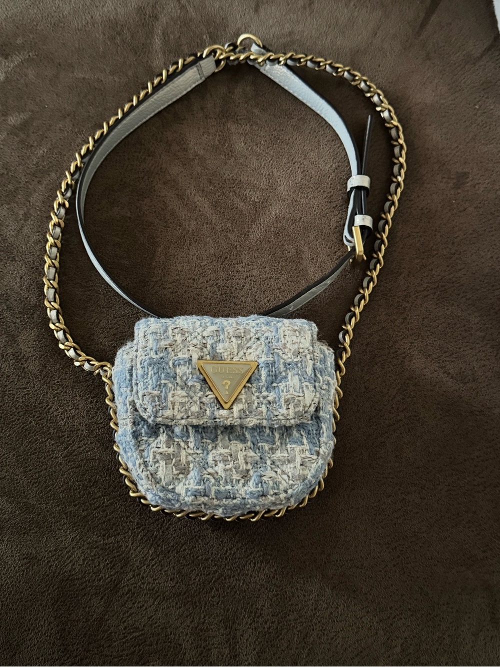 GUESS Min Blue Tweed Chain Crossbody Bag